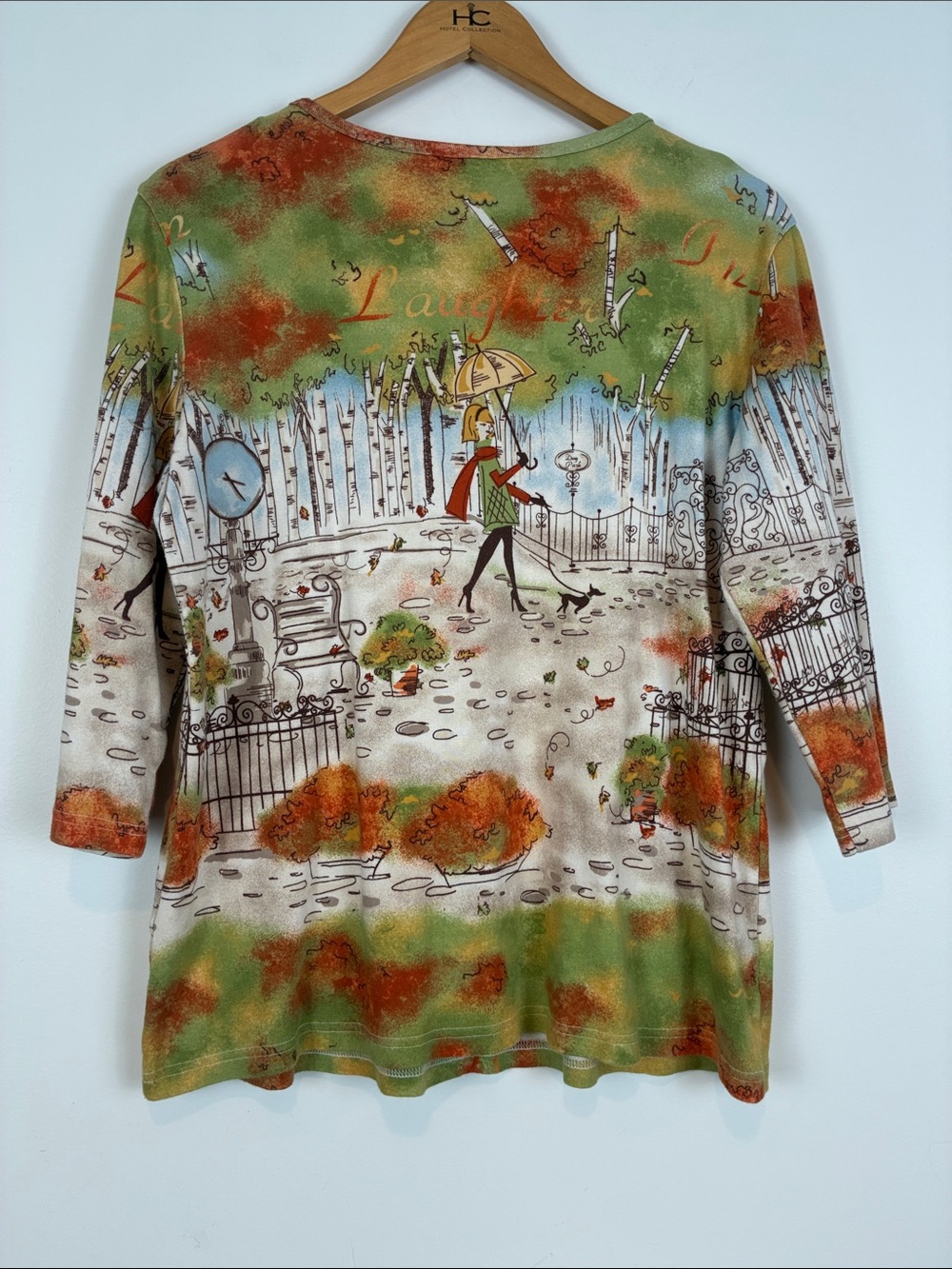 Christopher & Banks Large Scenic Park Print 3/4 Sleeve Top Green Cotton - Picture 4 of 6